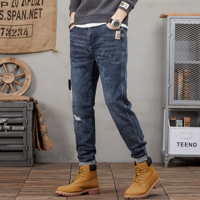 Vaqueros rotos para hombre, vaqueros para hombre con elástico en la pierna pequeña_voghion.com