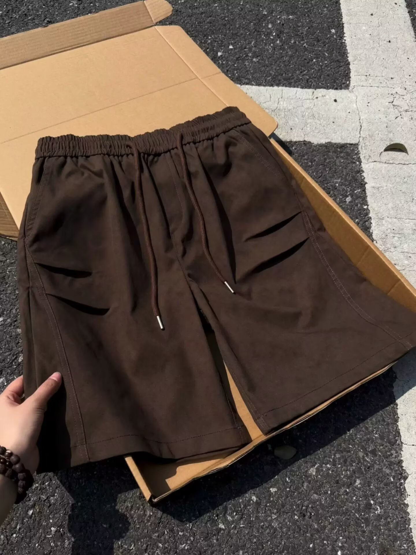 Brown American Retro Shorts Boys Summer New Loose Wide Leg Pleated Dark Pattern Vintage Casual Pants_viptrois.com