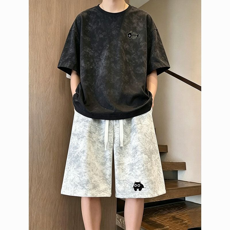 Tie-Dye Casual Sports Suit for Men, Summer Trendy Brand Plus-Size Outfit, Two-Piece Set with Short-Sleeved Shirt and Shorts