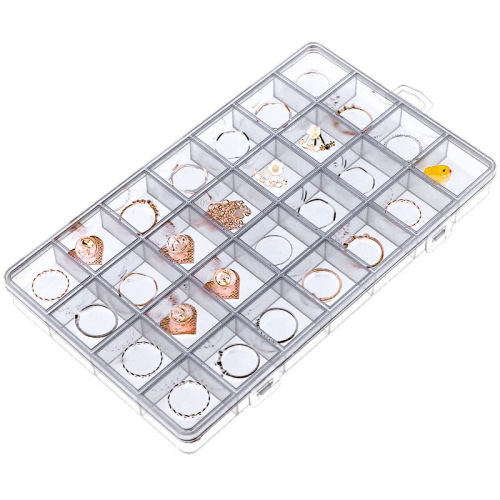 Jewelry Organizer Box with 28 Fixed Compartments, Anti-Tangle Design; Transparent Plastic Earring & Stud Holder for Rings