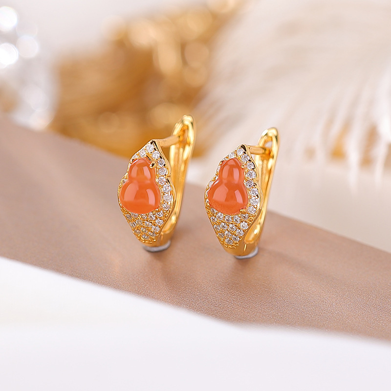 Bông tai đinh tán hoa tai kẹp phong cách Trung Quốc khí chất, đá đỏ ngọc bích mạ vàng bạc S925 — Mẫu đỏ nam