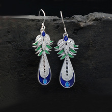 S990足银打造景泰蓝彩凤凰彩翎耳环女手工民族风珐琅孔雀耳坠饰品