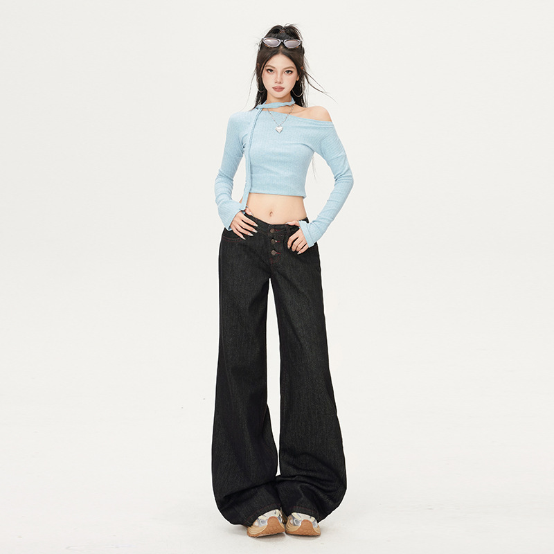 American Retro Classic Black Tea Color Button-Front Contrast Color Topstitching Curved Hem Jeans Low-Waist Floor-Length Pants 2026