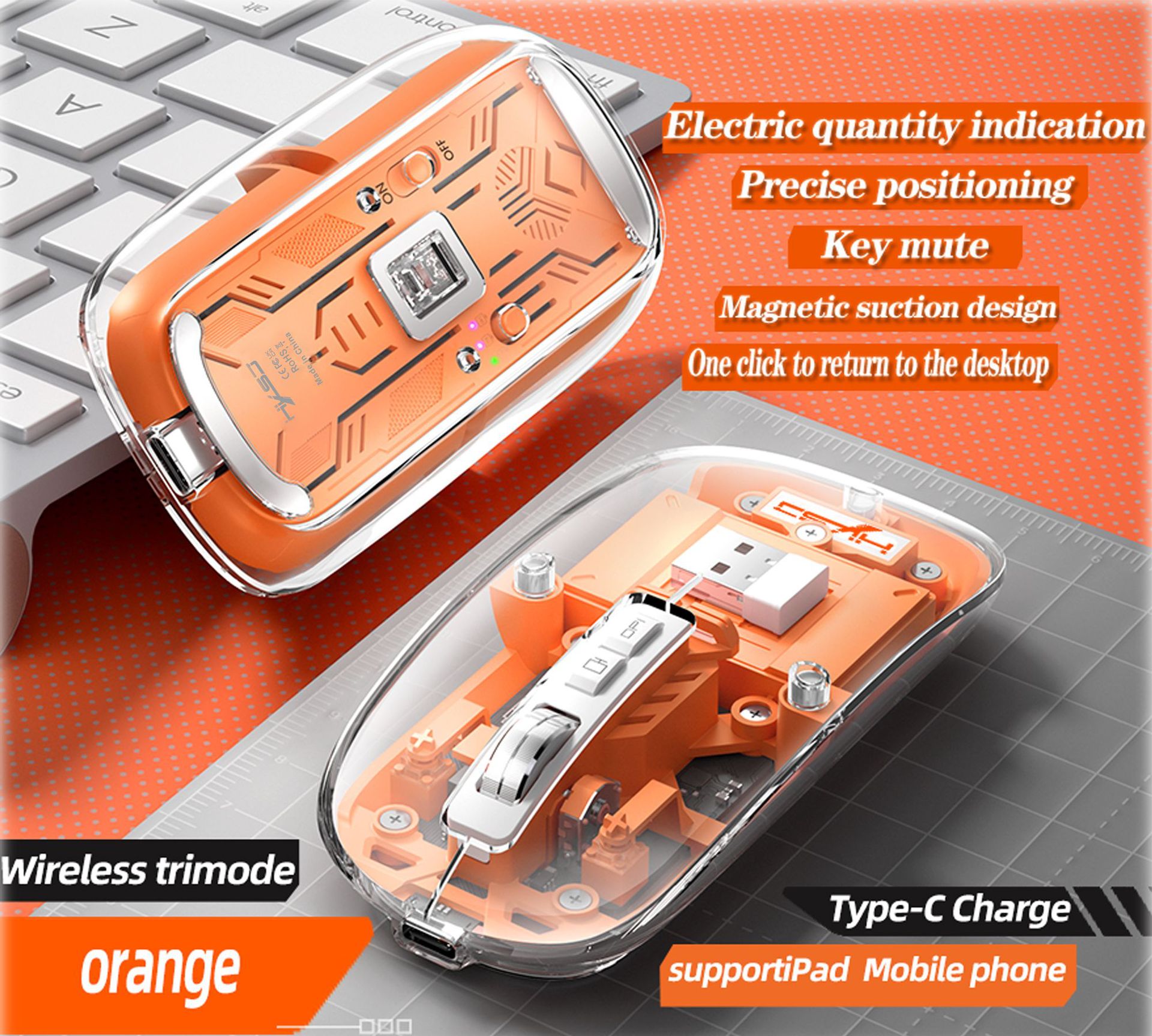 Il terzo esame simulato trasparente 2.4G/Bluetooth 5.1 silenzioso magnetico ricaricabile mouse wireless carica display_voghion.com