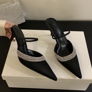 2025 Spring Rhinestone Decorated Satin Pointed Toe Stiletto High Heel Sandals Women's Shoes Baotou Shallow Mouth Half Drag European and American Style