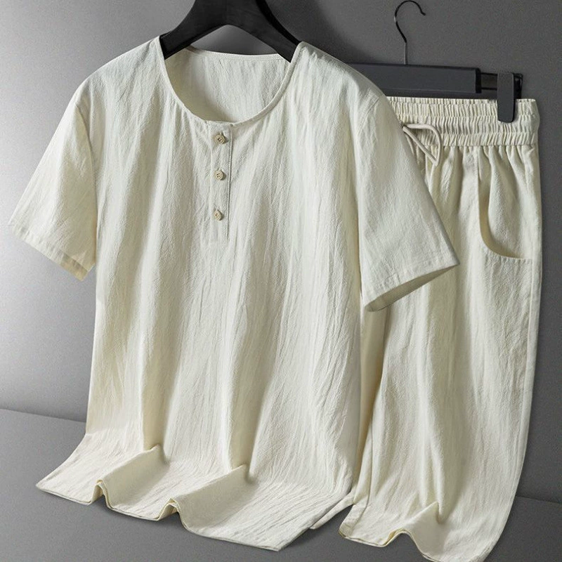 Костюм Тан из хлопка и льна, мужской летний тонкий футболка в китайском стиле с короткими рукавами, льняной костюм, мужская одежда в китайском стиле, одежда дедушки династии Хань