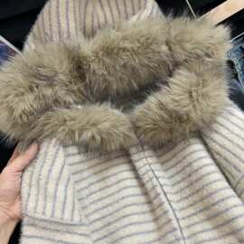 韩系连帽毛领蓝杏条纹水貂绒毛衣外套女冬季宽松慵懒加厚拉链上衣