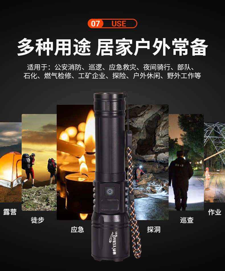High-Power, Ultra-Bright, Long-Lasting Rechargeable Flashlight for Home and Outdoor Use, with Zoom and Spotlight Features, Wholesale