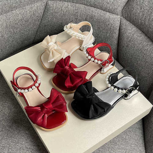 Children's sandals for big girls and girls, soft sole, small high heels, bowknot design, for little princesses aged 4-6