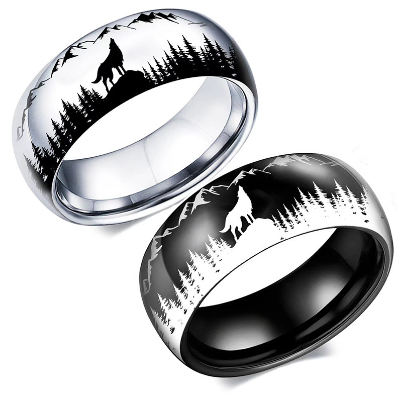 Cross-Border Amazon Best-Selling Wolf in the Forest Stainless Steel Ring for Men and Women, Personalized Fashionable Titanium Steel Ring Jewelry