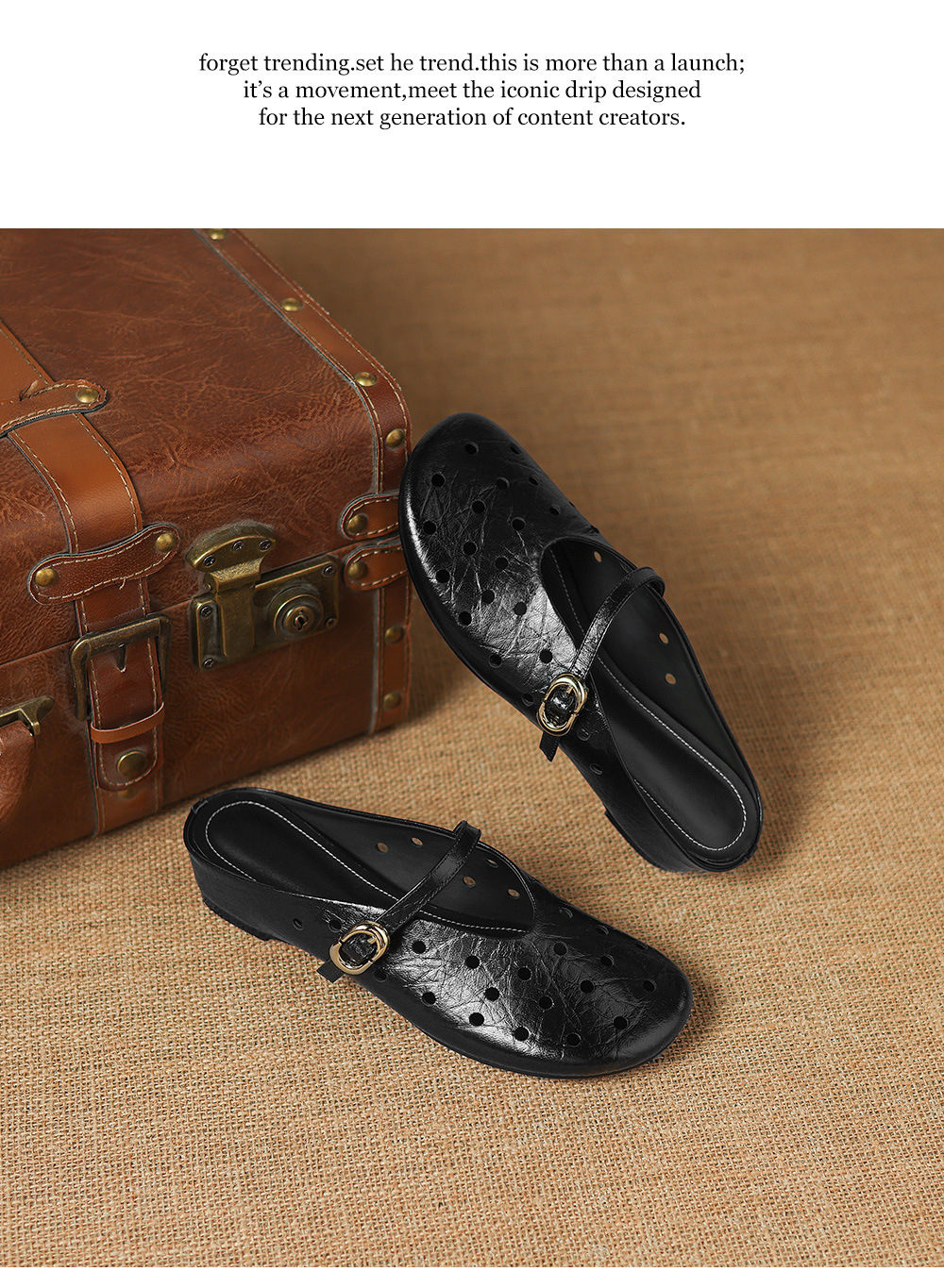 Sandal nữ da dê đục lỗ mũi trùm quai ngang hở gót — đen chi tiết 22