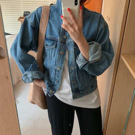 韩国chic春季减龄水洗蓝翻领休闲百搭宽松显瘦夹克牛仔外套女