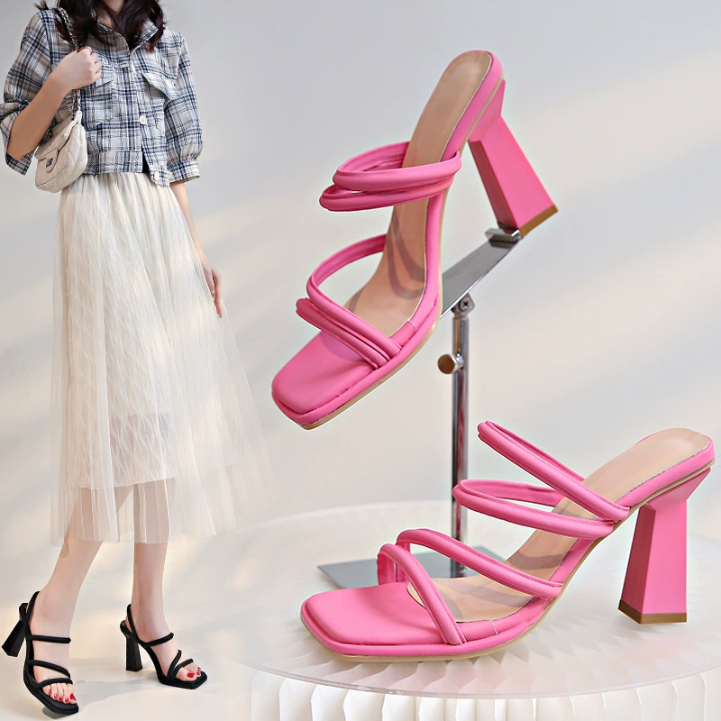 Женские тапочки больших размеров на высоком каблуке для ночного клуба, на массивном каблуке, модные женские тапочки, хит продаж на AliExpress, розовые, для улицы