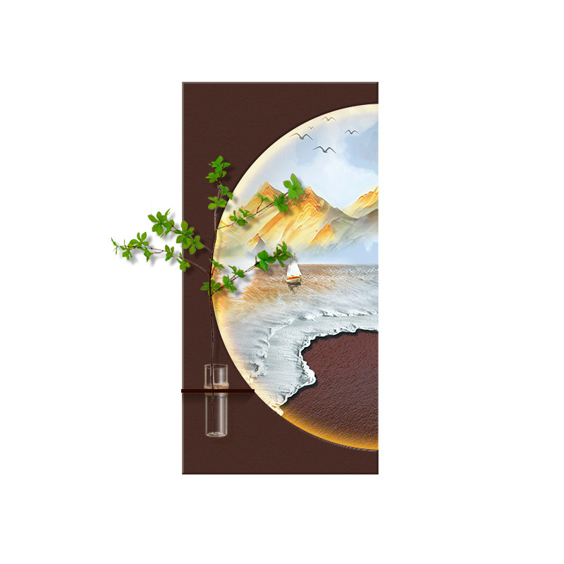 日照金山玄关装饰画水培绿植发光灯画竖版沙岩画高级感立体实物画|undefined