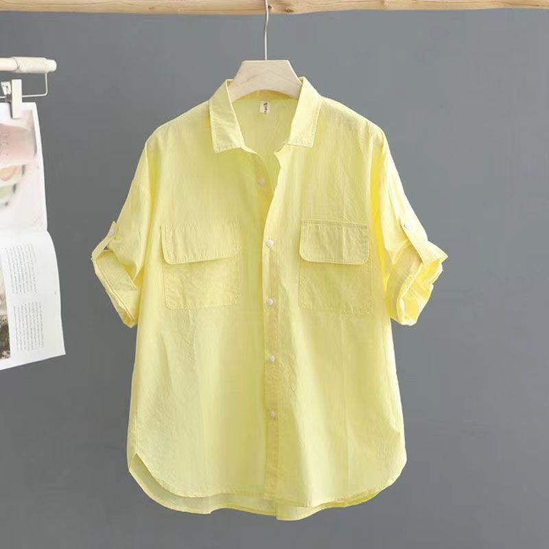95 Cotton Short-sleeved Solid Color Shirt Women's 2023 Summer New Style Outer Shirt Design Sense Loose Thin Top for Women