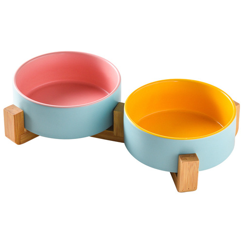 Cat bowl ceramic matte interior and exterior two-color wooden frame pet bowl double bowl cat rice bowl food bowl grain basin water bowl cat and dog food utensils