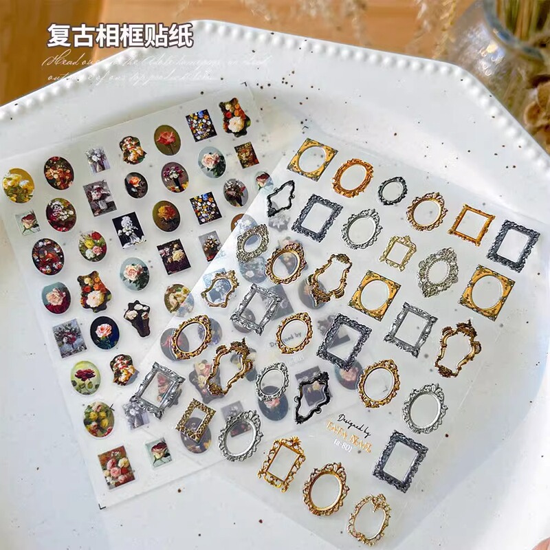 Vintage Photo Frame Oil Painting Rose Flower Stereo Embossed Gem Cat Eye Gel Nail Art Sticker Nail Decal Decorations
