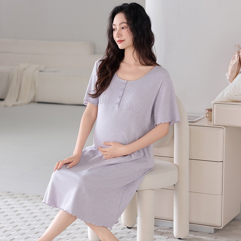 Summer Maternity Short-Sleeved Nightgown Modal 2025 Mid-Length Dress Soft and Comfortable with Breast Pads Confinement Clothes Summer Maternity Short-Sleeved Nightgown Modal 2025 Mid-Length Dress Soft and Comfortable with Breast Pads Confinement Clothes