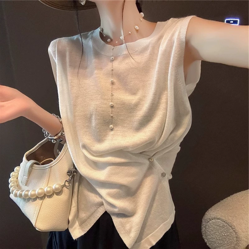 Вязаная футболка без рукавов из ледяного шелка женская летняя тонкая модель дизайн чувство нишевые маленькие ароматы нерегулярный короткий жилет для ношения снаружи