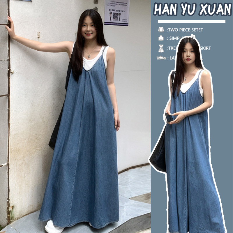 in stock Maternity Dress Denim dress All-match 2025 New French Style Beautiful Temperament Long Dress Two-piece Dress with Slip