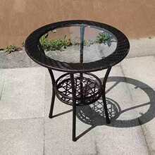 阳台休闲小圆桌户外喝茶小茶几钢化玻璃圆形桌子休闲简约客厅藤桌