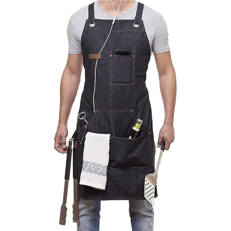 Nuevo delantal de mezclilla de Amazon transfronterizo logotipo personalizado barbero ropa de trabajo delantal de cocina de múltiples bolsillos al por mayor