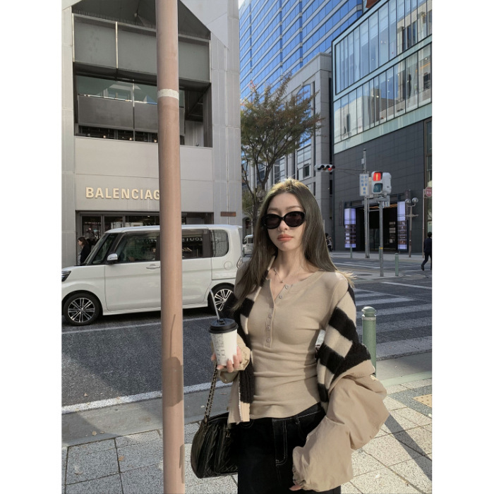 灰色德绒打底衫女春秋内搭修身长袖上衣t恤修身显瘦半开领亨利衫|undefined