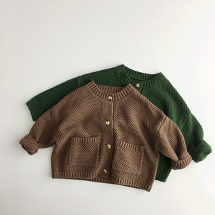 2024 Early Spring New Korean Style Kidsren's Knitted Cardigan Jacket Pineapple Needle Cardigan Sweater Kidsren's Round Neck Sweater