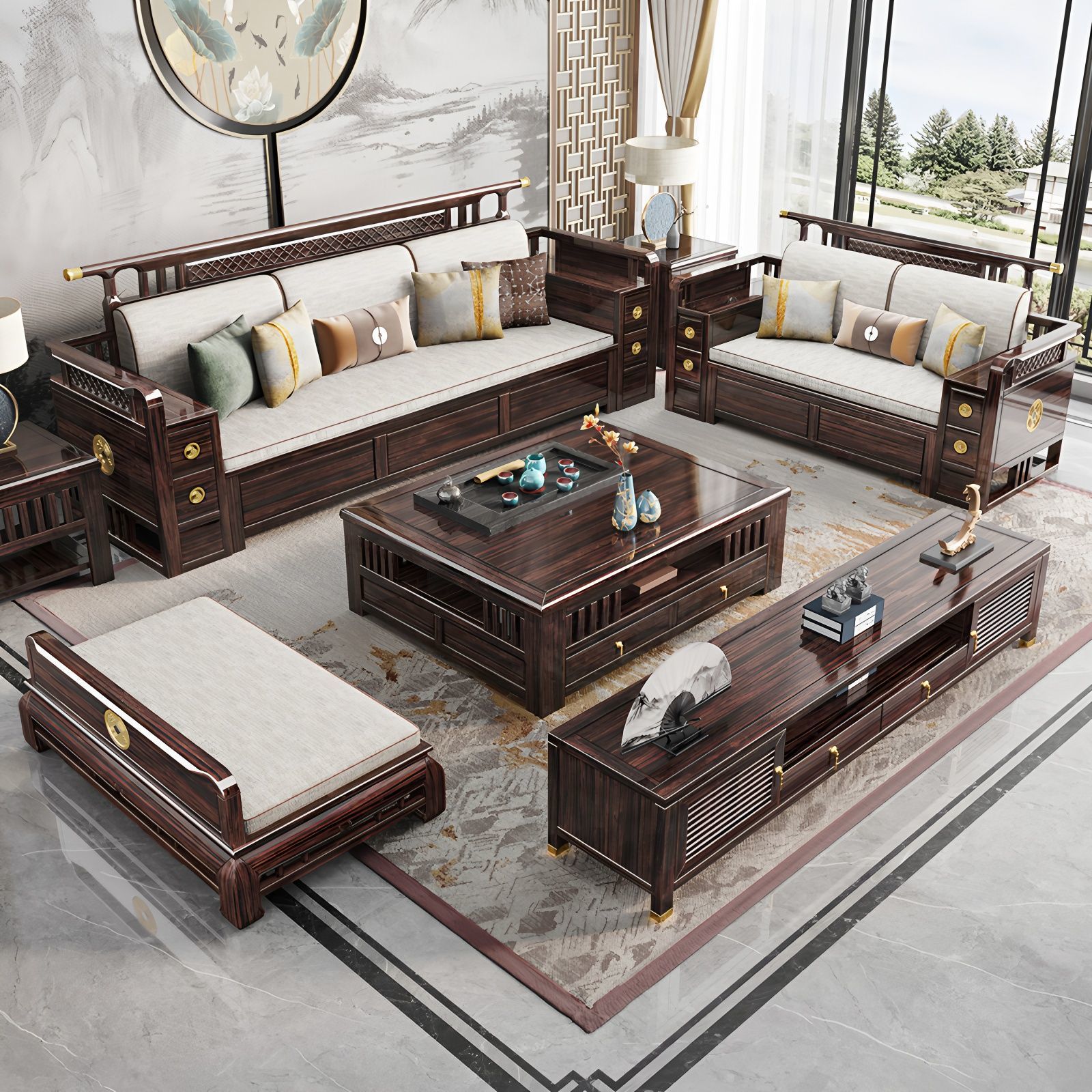 Ebony Solid Wood Sofa, New Chinese Style Living Room, Large and Small Size, Winter and Summer Dual-Use Storage Furniture with Chaise Sofa