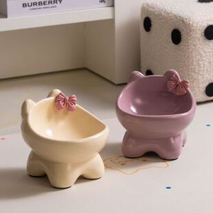 Cute Bow Cat Bowl Ceramic Dog Food Bowl Slanted Mouth Small and Medium-Sized Pet Creative Bowl Food Bowl Rice Bowl Care and Heightening