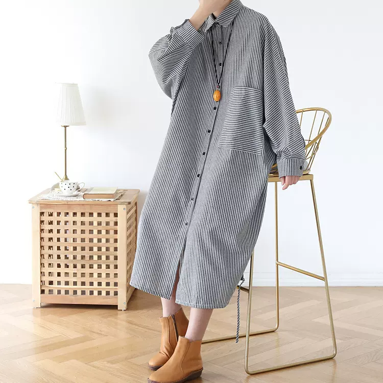 外贸日本乐天秋季女装新款条纹连衣裙女宽松经典百搭口袋衬衫裙