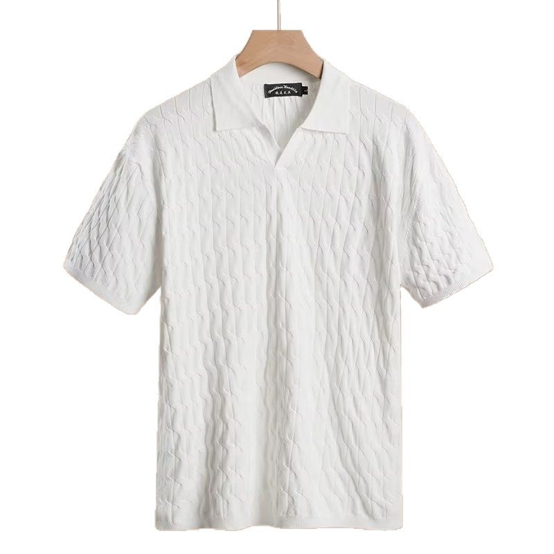夏のメンズニット半袖ポロシャツ韓国風スリムフィット無地アイスシルク襟付きTシャツ|undefined