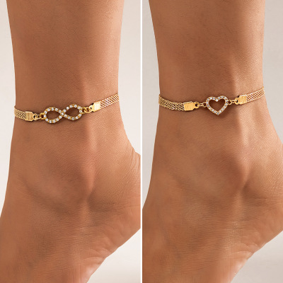 European style leisure time Sandy beach Diamond Love 8 Infinite Symbol Anklet Simplicity Geometry Metal chain Anklet