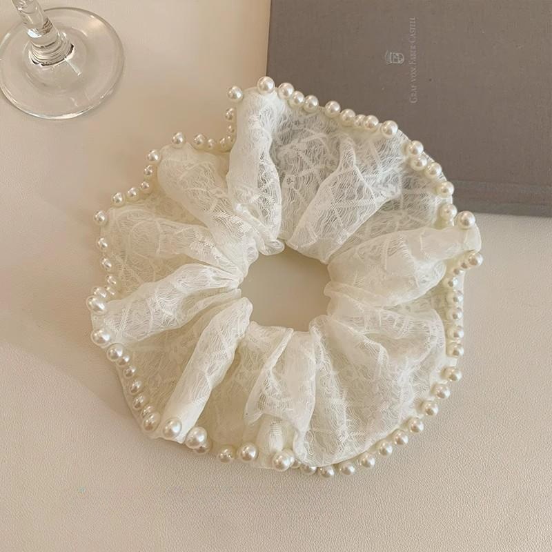 Elástico de cabelo extra grande em tela, de alta elasticidade, feito à mão com elegante pérola de alta qualidade, acessório para rabo de cavalo alto para mulheres._voghion.com