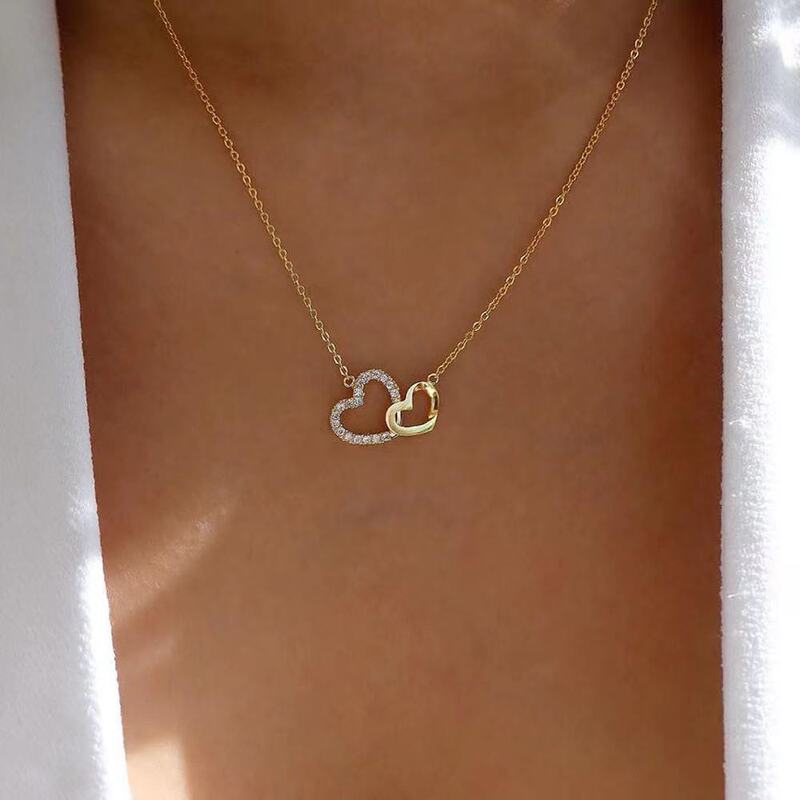 Cross-Border Popular Double Heart Necklace for Women, Super Fairy Style Clavicle Chain, Cool and Trendy Heart-To-Heart Diamond Pendant Cross-Border Popular Double Heart Necklace for Women, Super Fairy Style Clavicle Chain, Cool and Trendy Heart-To-Heart Diamond Pendant