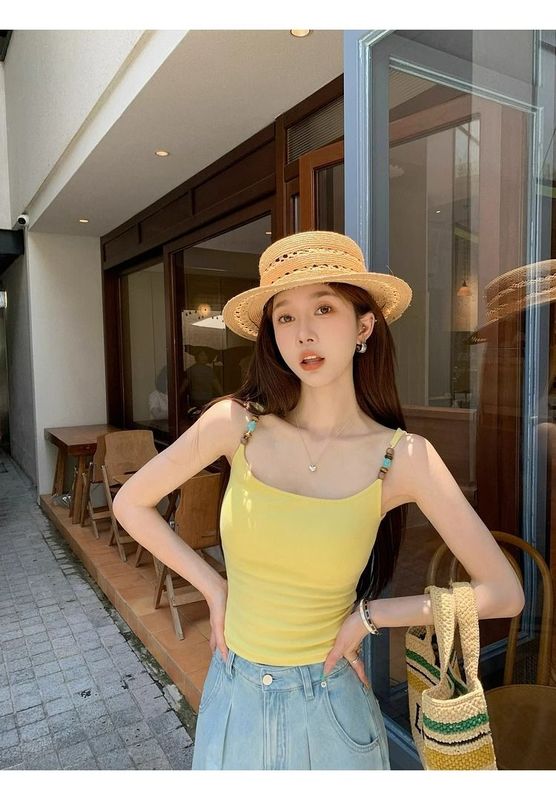 复古美式串珠吊带小背心女夏季修身显瘦内搭纯欲辣妹短款上衣外穿|undefined