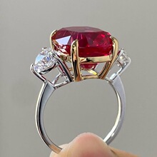 超繁 直播热卖5克拉大鹅蛋仿鸽血红戒指电镀玫瑰金双色红宝石钻戒
