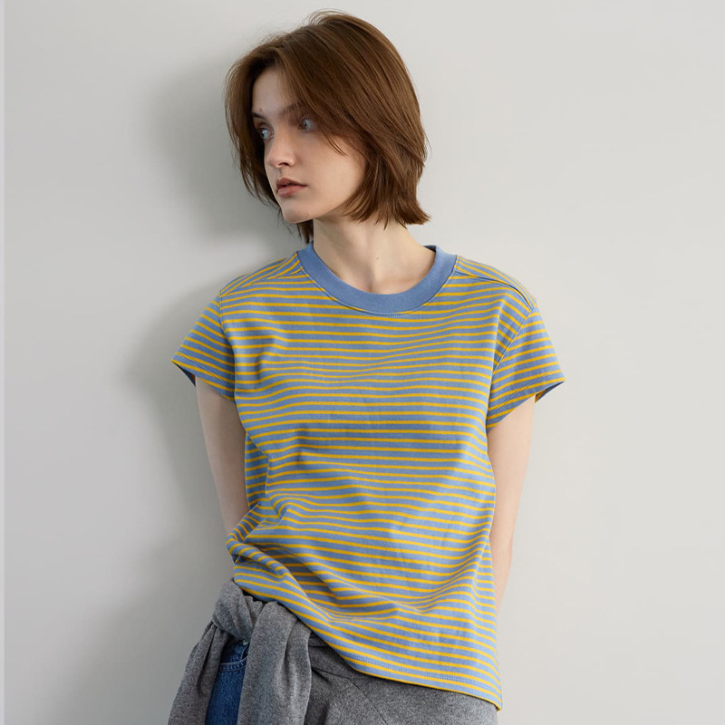 in stock MOONDAL Striped Short-sleeved T-shirt Women's New Spring and Summer Korean Niche Loose Casual Simple Round Neck Top