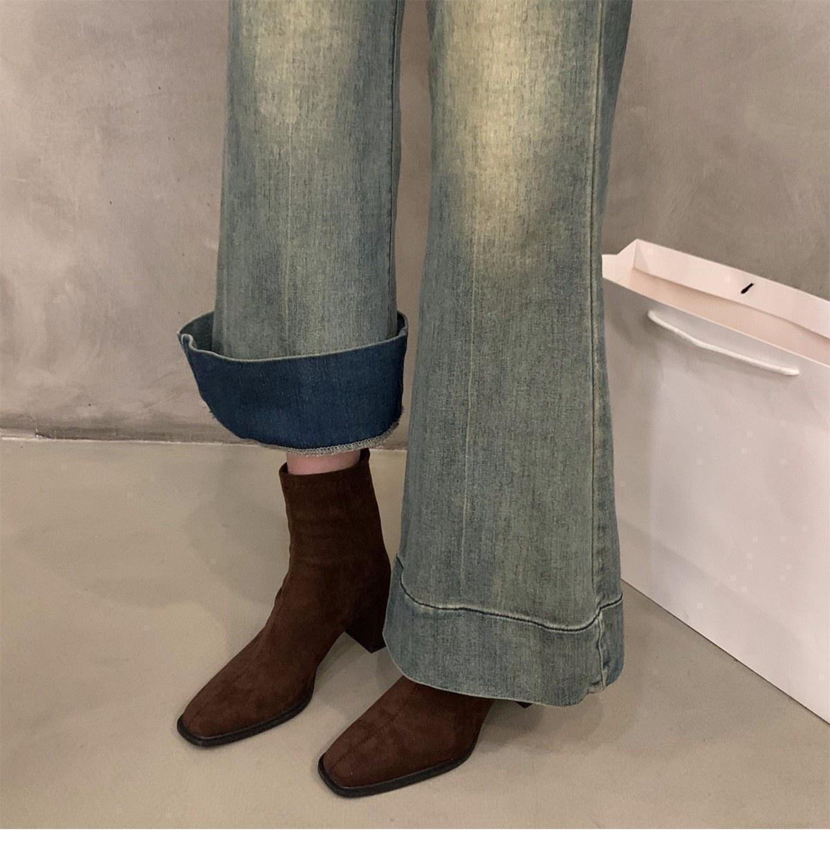 Suede Ankle Boots For Women Square Toe Slim Korean Style Footwear_voghion.com