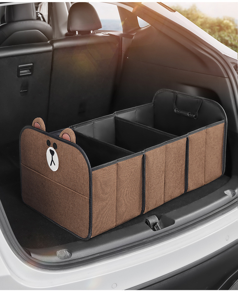 Line Brown Car Trunk Storage Box Cartoon Multi-Functional Folding Storage Box Large Capacity Car Storage Box