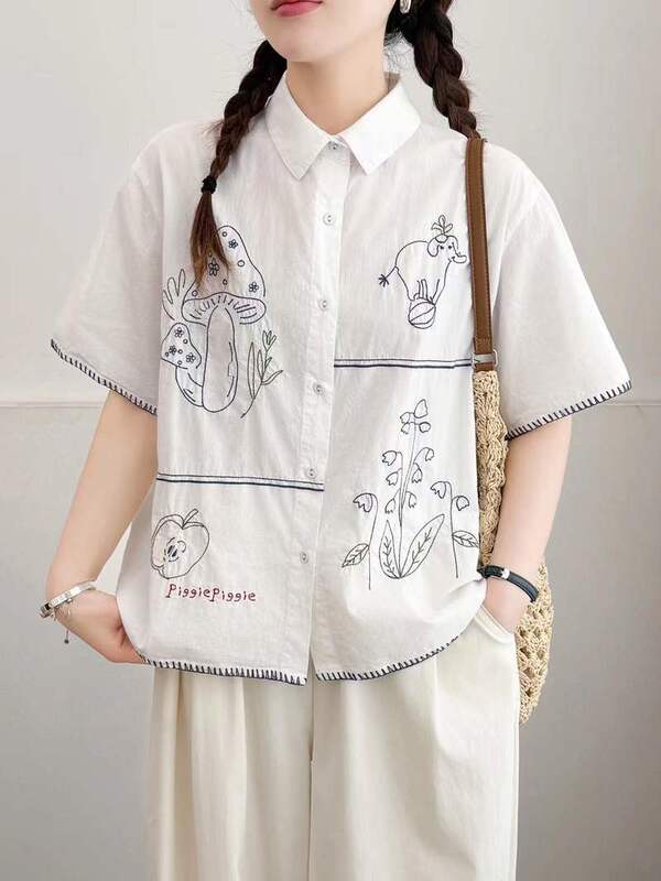 Korean Style New Cartoon Embroidered Apple, Calf, and Mushroom Loose-Fitting Women's Cardigan Short-Sleeve Shirt Wholesale