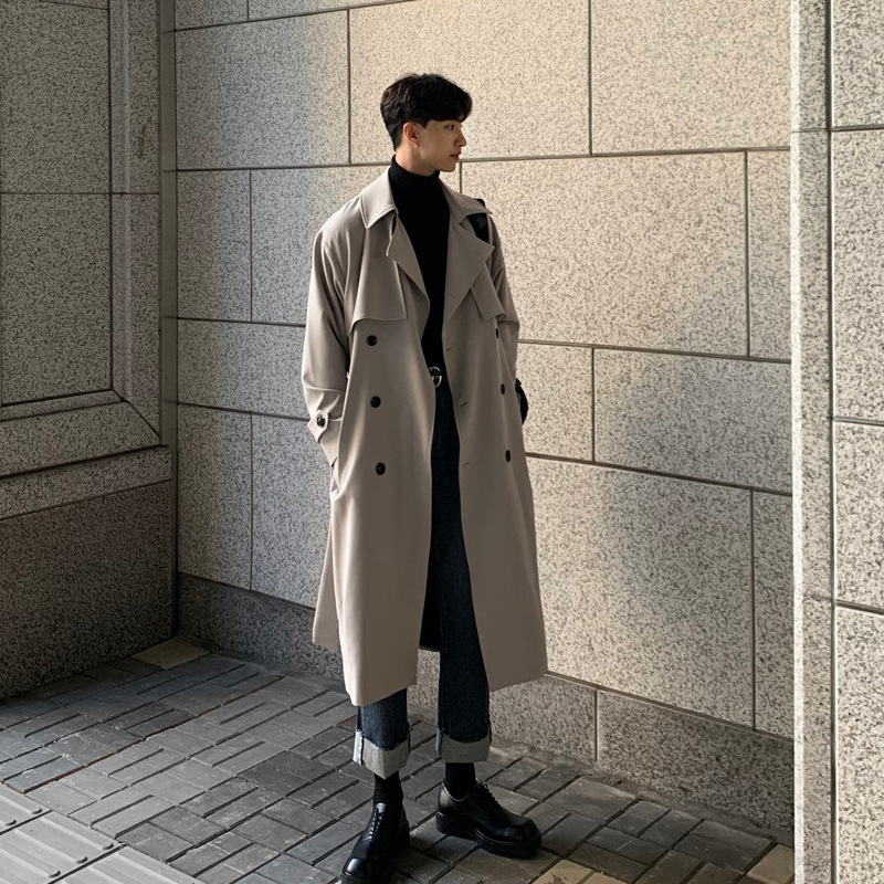 Men's double-breasted windbreaker spring and autumn Korean version of the loose trend handsome over the knee coat student long section jacket male