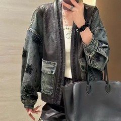 秋季新款设计感V领钉珠拼接皮牛仔外套开衫上衣146