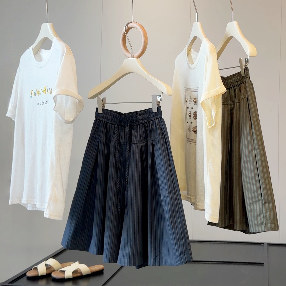 Retro Women's Drawstring Striped Casual Pants Slimming Flattering Loose Fit Wide Leg Shorts Five Point Skirt Style Summer_ecoleips.com