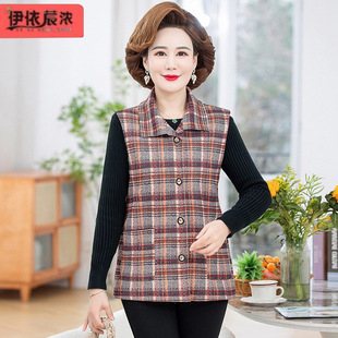 Changshu Middle-Aged and Elderly Women's Vest Wholesale 2024 Spring New Arrivals Middle-Aged and Elderly Women's Mother's Clothing Plaid Thin Vest