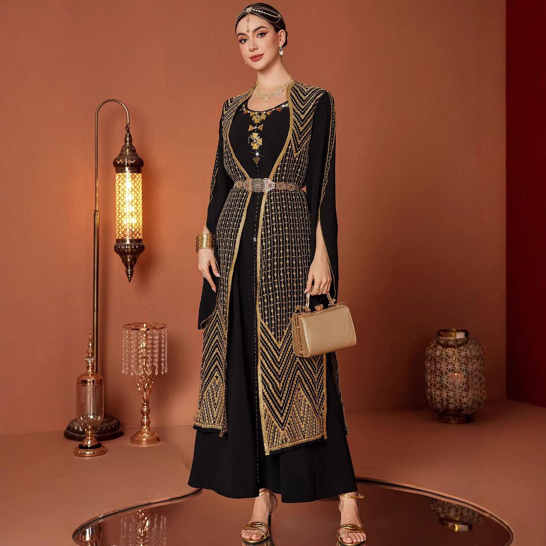 Arabic Vintage Gold Embroidered Black Fake Two Pieces Robe
