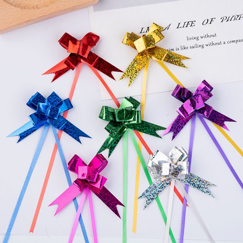 Comercio exterior transfronterizo tamaño pequeño 12 láser metal color mano tirar flor decoración de Navidad regalo decoración arco tirar flor cinta