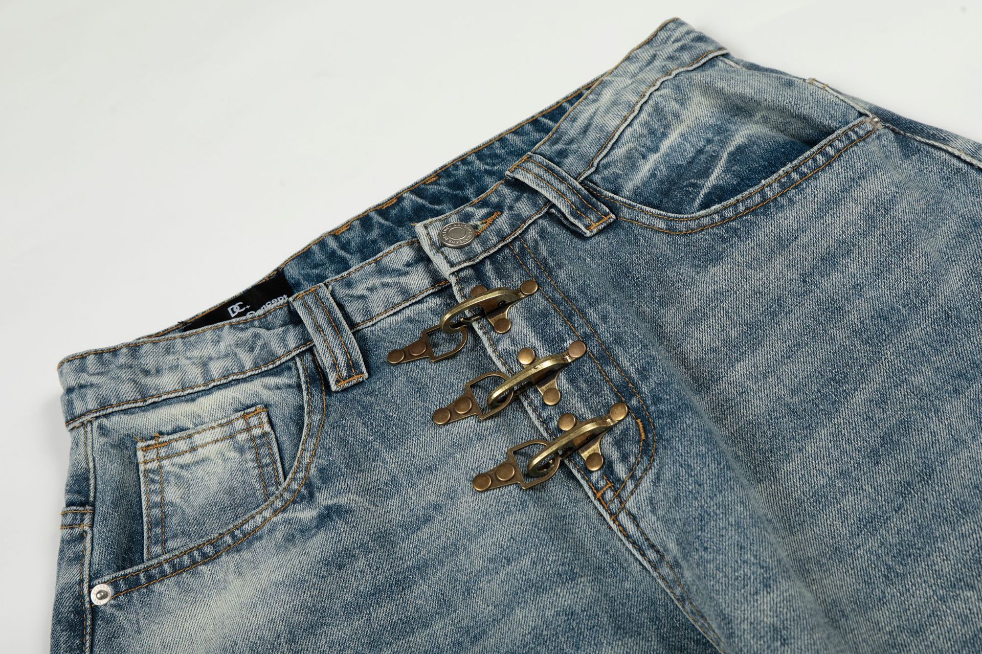 Vintage Distressed Flared Denim Jeans High Street Cotton Blend_voghion.com