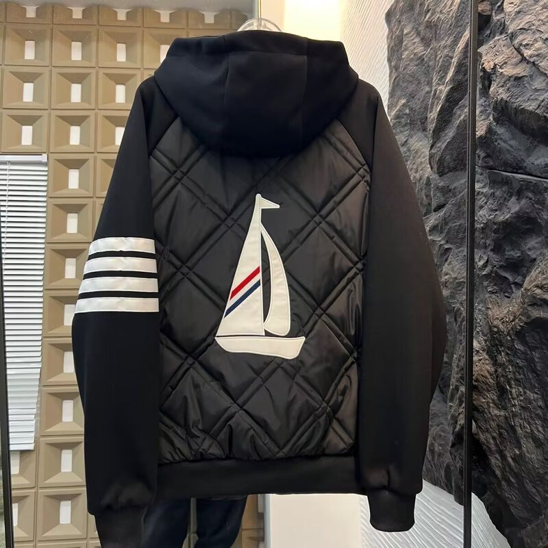 Embroidered Sailboat Popular Autumn New Casual Jacket for Men and Women Black Four-Stripe Couple Versatile Trendy Coat