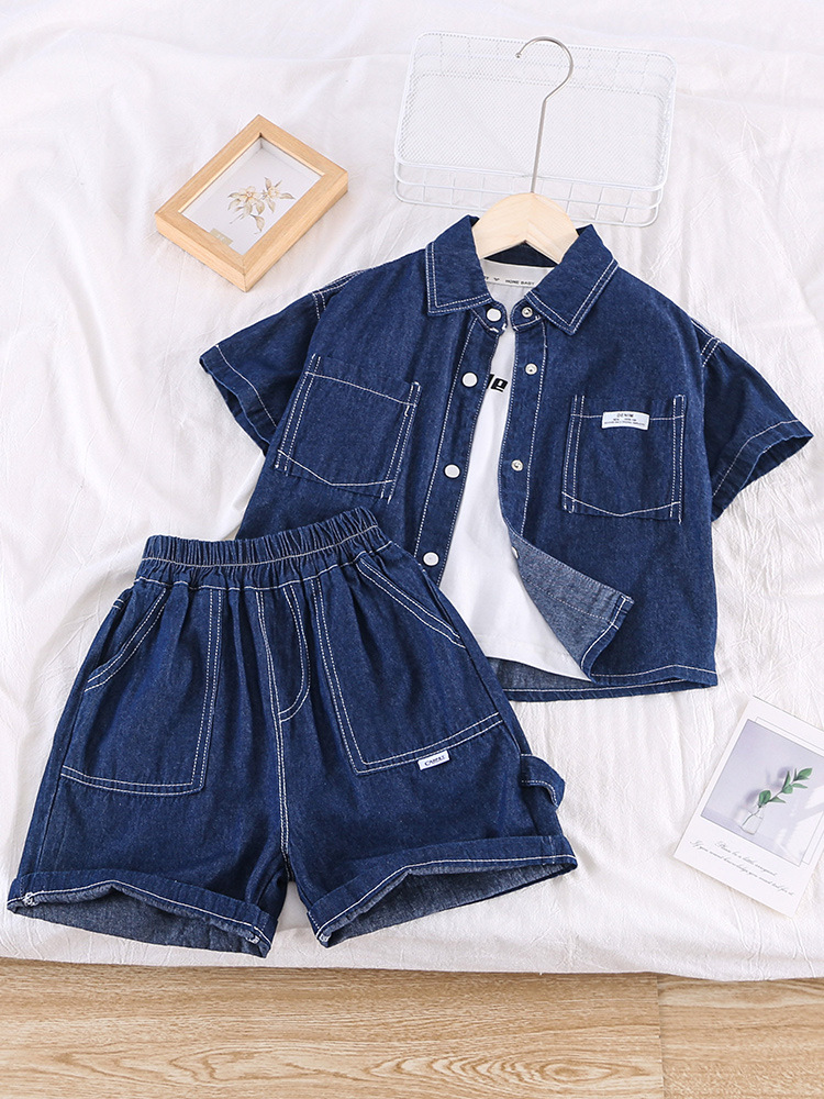 5290 Traje de verano para niños Traje de dos piezas de mezclilla delgado Ropa de bebé elegante y hermosa para niños Calle frita para niños Verano